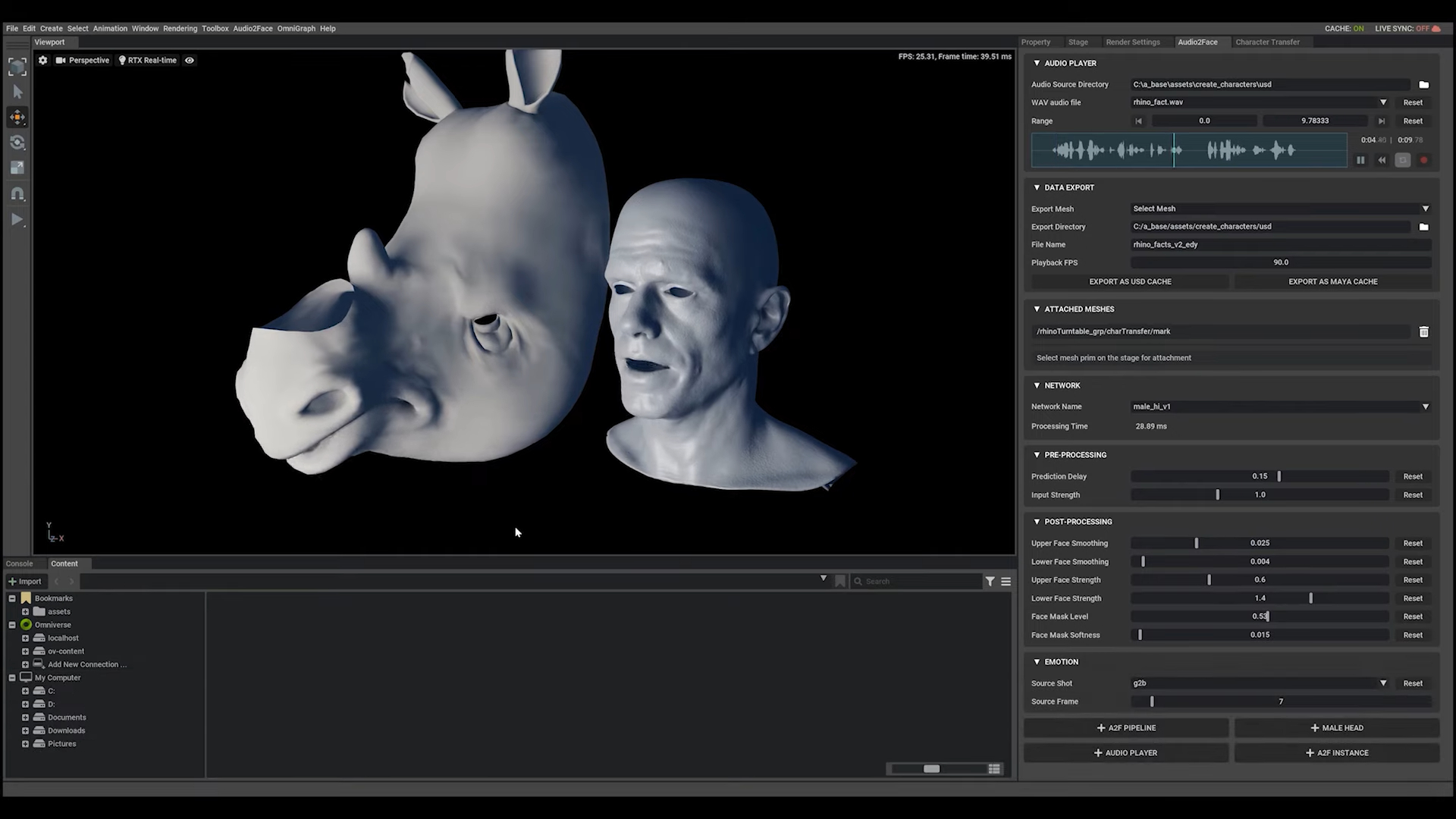 Nvidia Omniverse Audio2Face segítségével beszédet illeszthetünk egy virtuális karakterhez, úgy hogy a szájmozgás és mimika illeszkedik az elhangzó szöveghez 
       